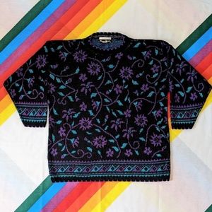 80/90s Black Knit Floral Tunic Sweater with Metallic thread by Dana Scott